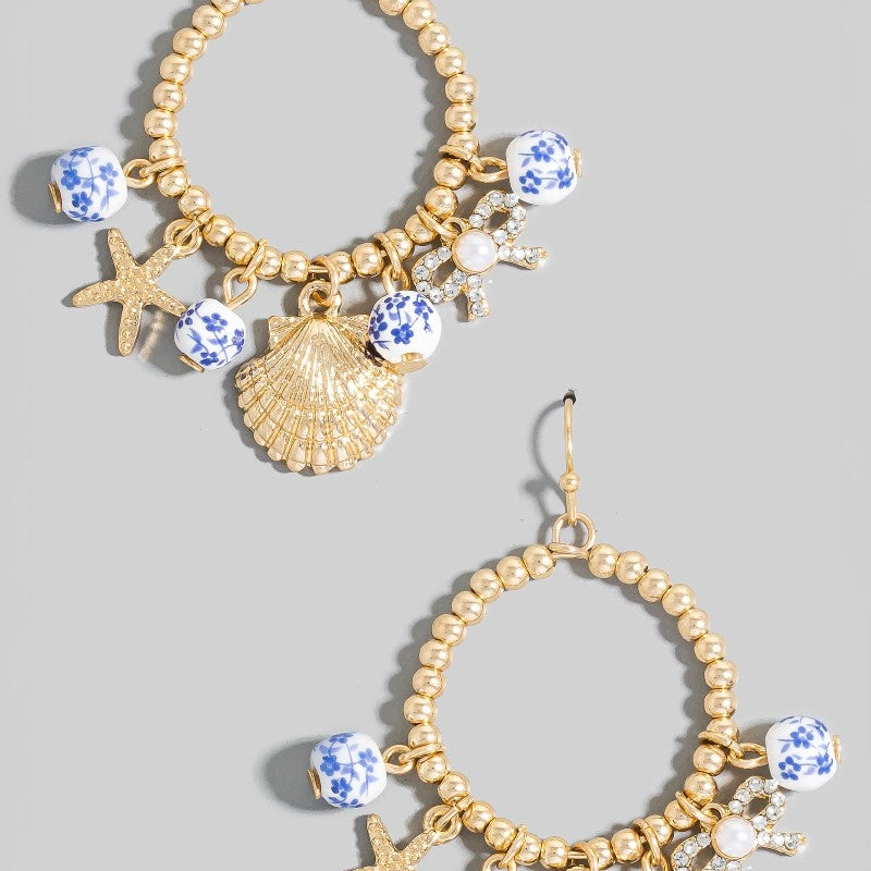 Sea Life Charms Floral Ceramic Beads Hoop Dangle Earrings
