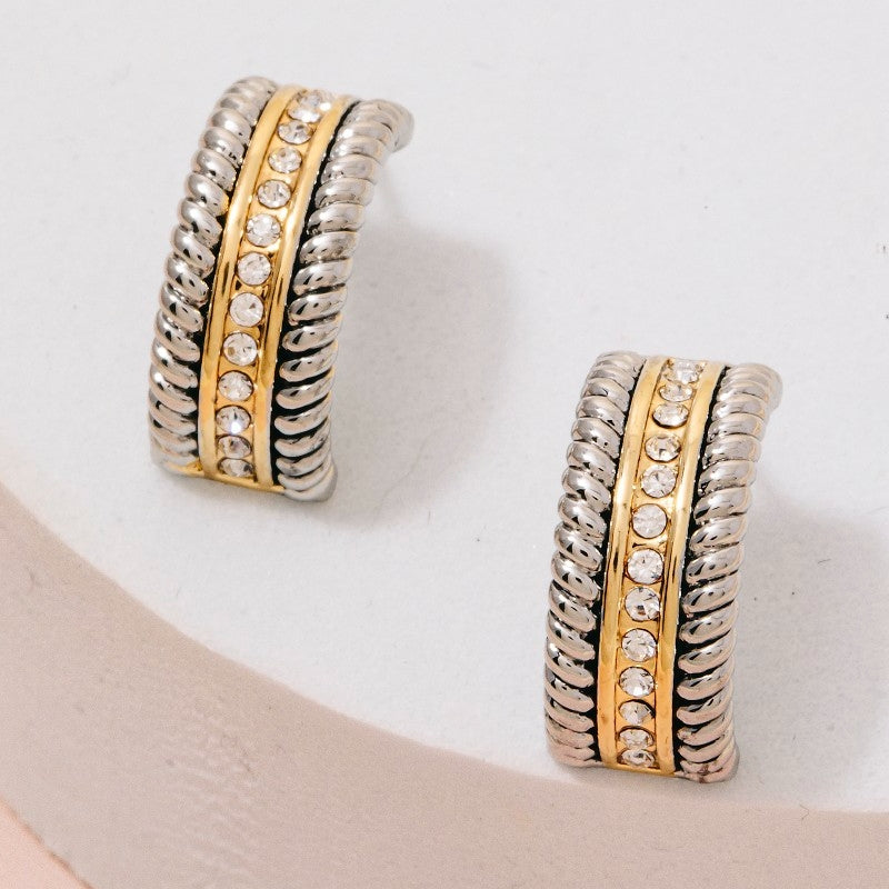 Two Tone Cz Pave And Rope Texture Layered Hoop Earrings