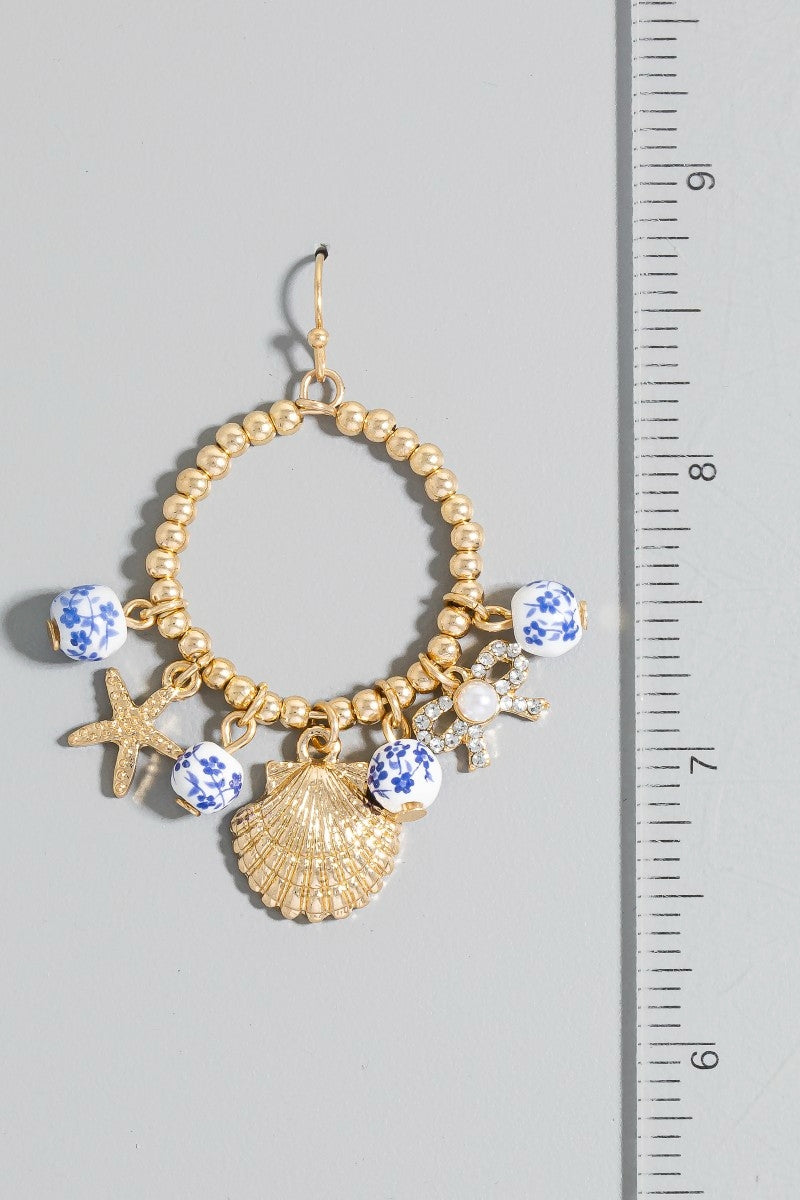 Sea Life Charms Floral Ceramic Beads Hoop Dangle Earrings