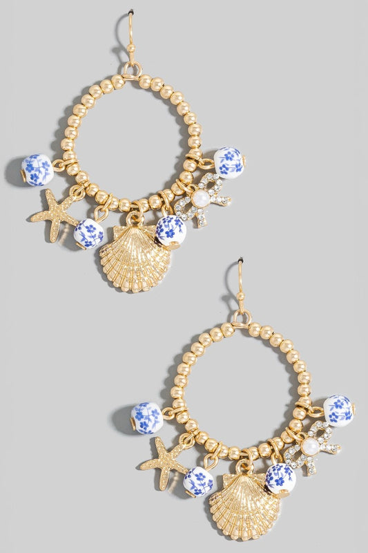 Sea Life Charms Floral Ceramic Beads Hoop Dangle Earrings