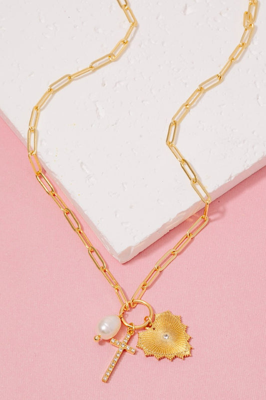 Gold Dipped Cz Pave Cross Pearl And Heart Charms Chain Necklace