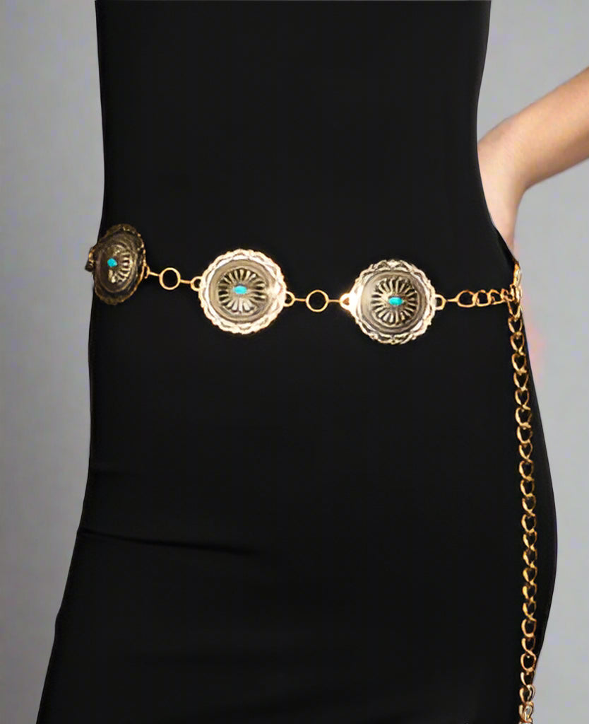 Golden Hour Ornate Concho Chain Turquoise Belt