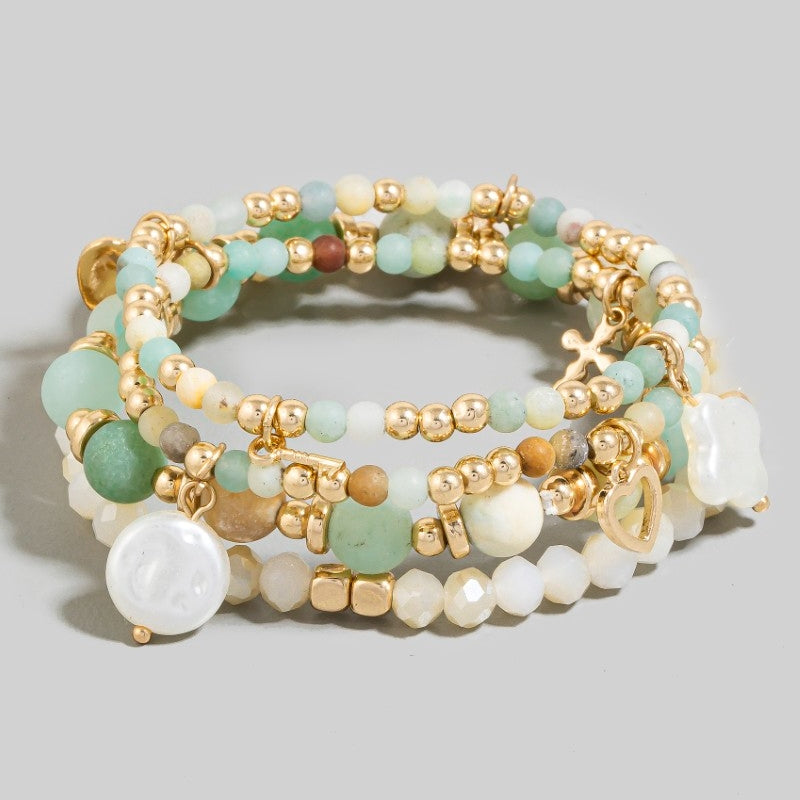 Coastal Charm Pearl and Amazonite Beaded Bracelet Stack