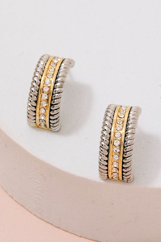 Two Tone Cz Pave And Rope Texture Layered Hoop Earrings