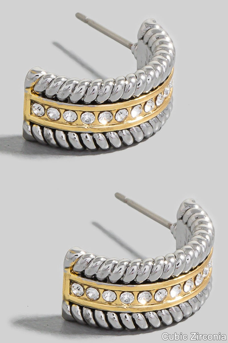 Two Tone Cz Pave And Rope Texture Layered Hoop Earrings