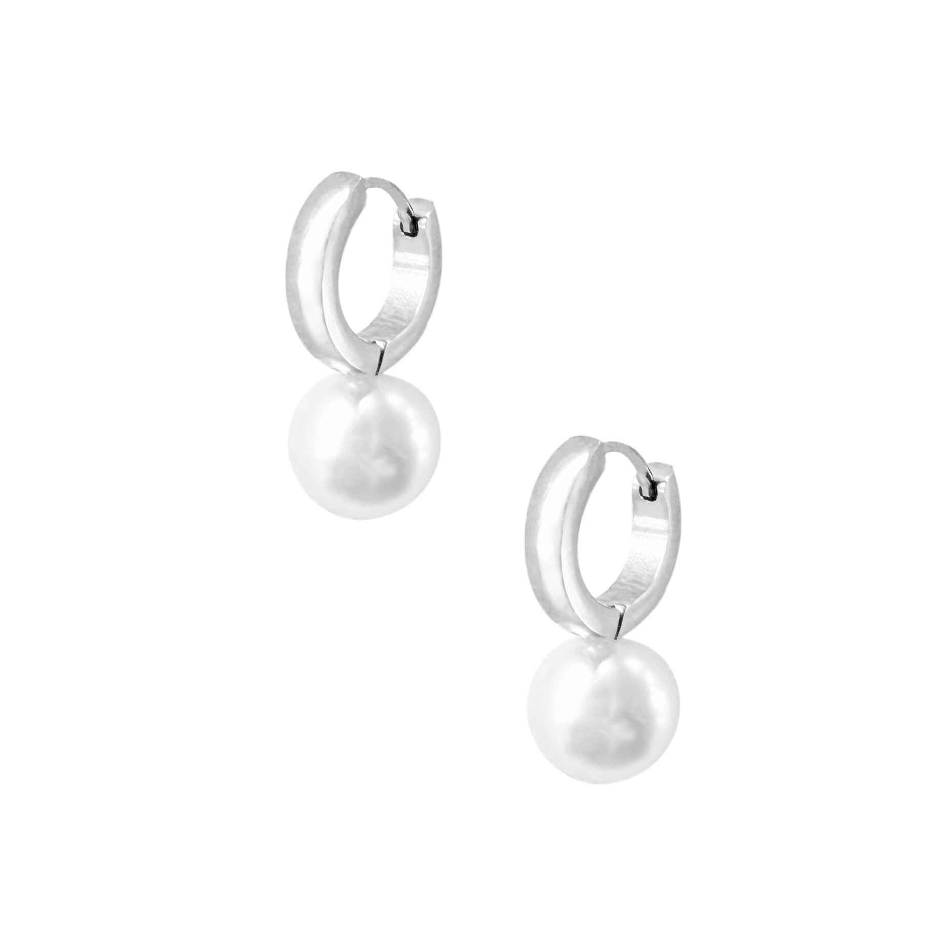 CASEY SILVER PEARL HUGGIE EARRINGS
